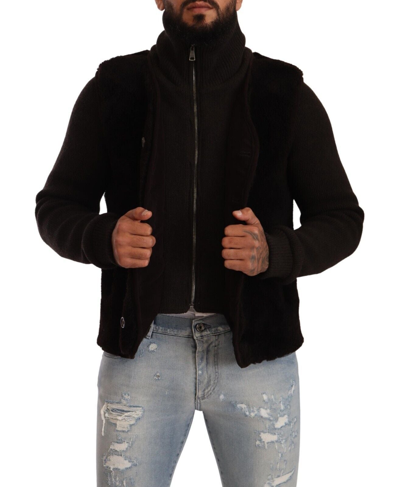 Schwarzer Leder-Rollkragenmantel für Herren
