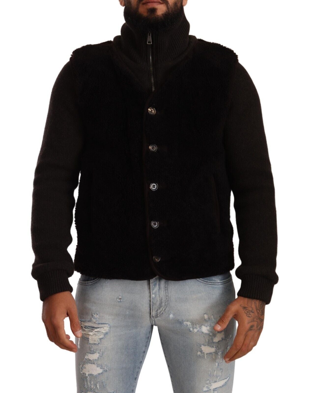 Schwarzer Leder-Rollkragenmantel für Herren