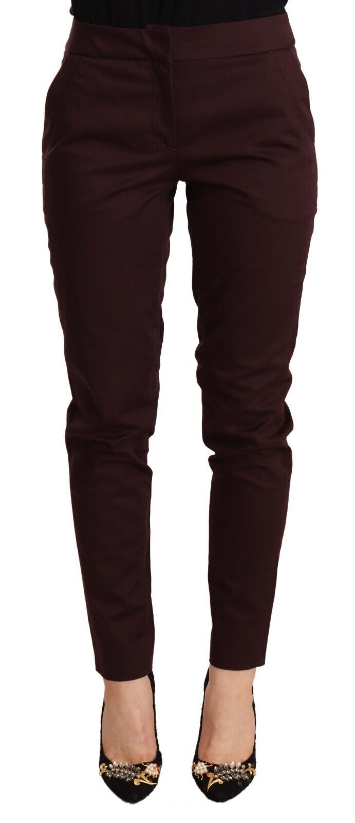 Maroon Mid Waist Skinny Women's Trouser Pants