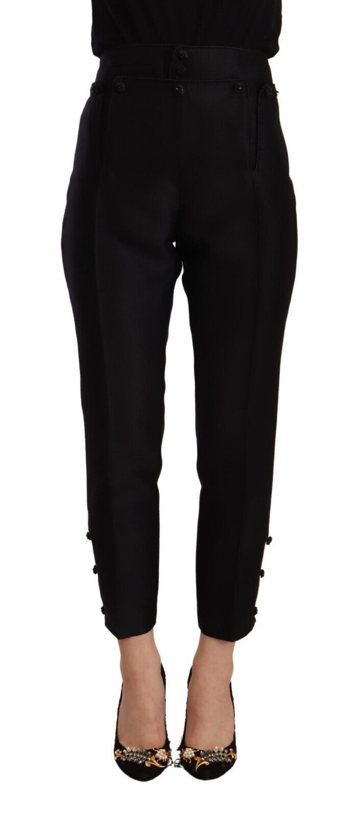 Schwarze High-Waist Skinny Damenhose aus Wolle