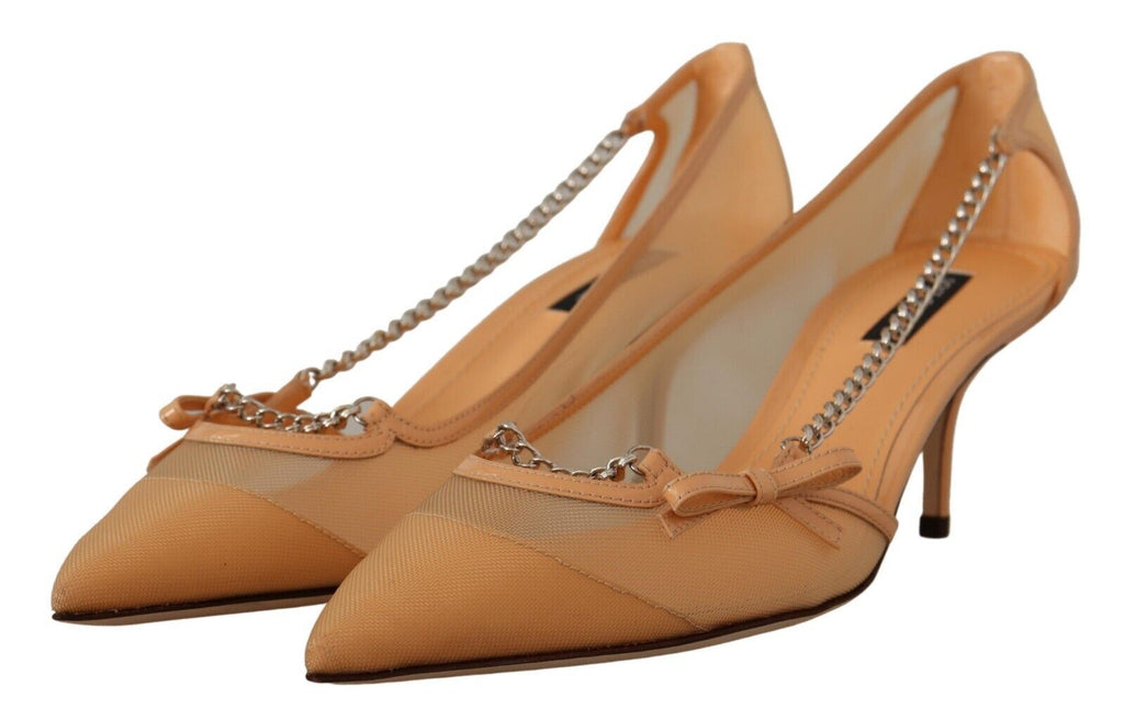 Peach Mesh Leder Ketten High Heels Pumps