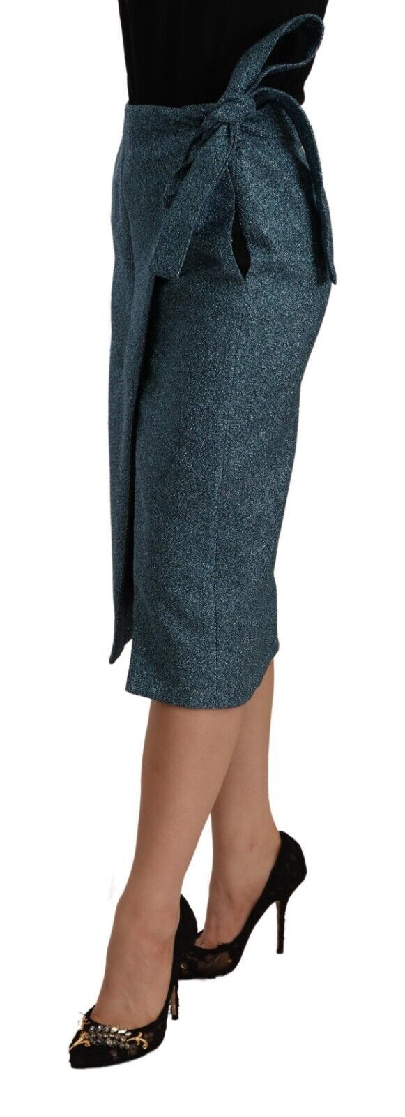 Blauer Bleistiftrock mit hoher Taille und Wickel-Look