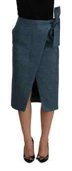 Blauer Bleistiftrock mit hoher Taille und Wickel-Look