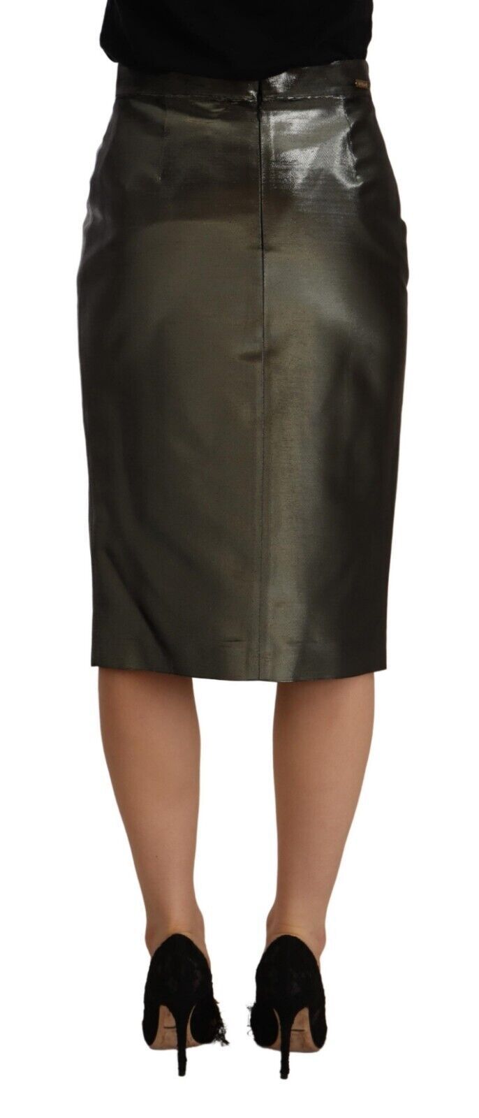 Metallic Grauer Bleistift-Midirock mit Hoher Taille