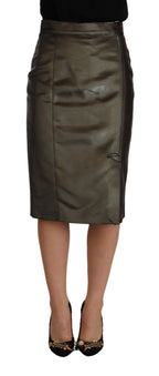 Metallic Grauer Bleistift-Midirock mit Hoher Taille