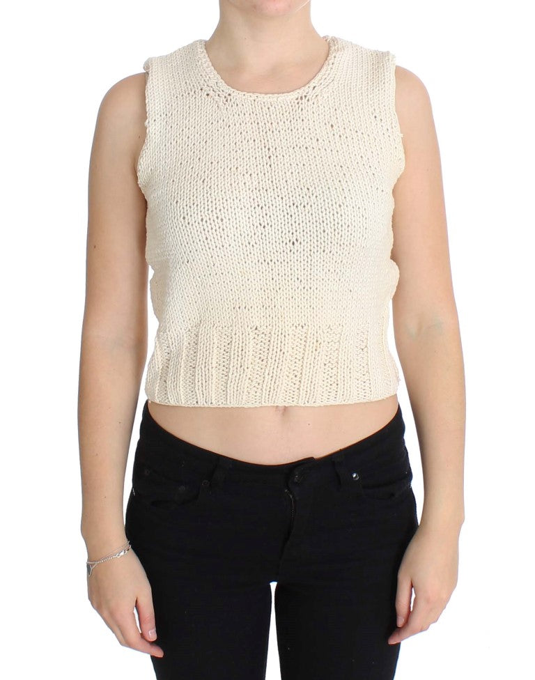 Ärmelloser Strickpullover aus beigem Baumwollmix