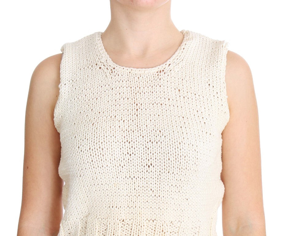 Ärmelloser Strickpullover aus beigem Baumwollmix