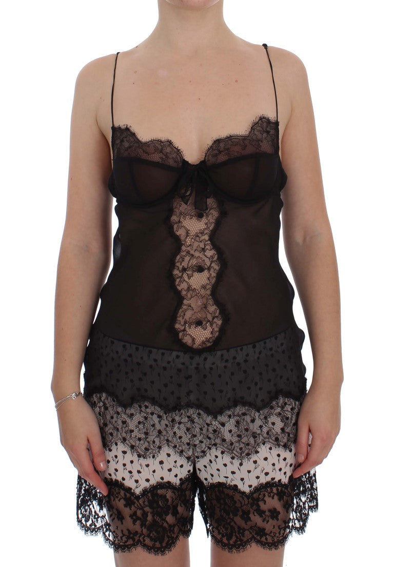 Schwarzes Seiden-Spitzen-Babydoll-Dessous-Oberteil