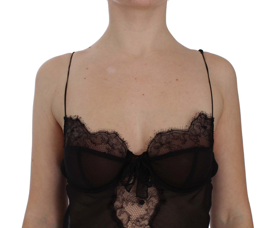 Schwarzes Seiden-Spitzen-Babydoll-Dessous-Oberteil