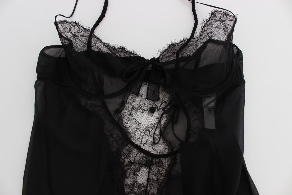 Schwarzes Seiden-Spitzen-Babydoll-Dessous-Oberteil