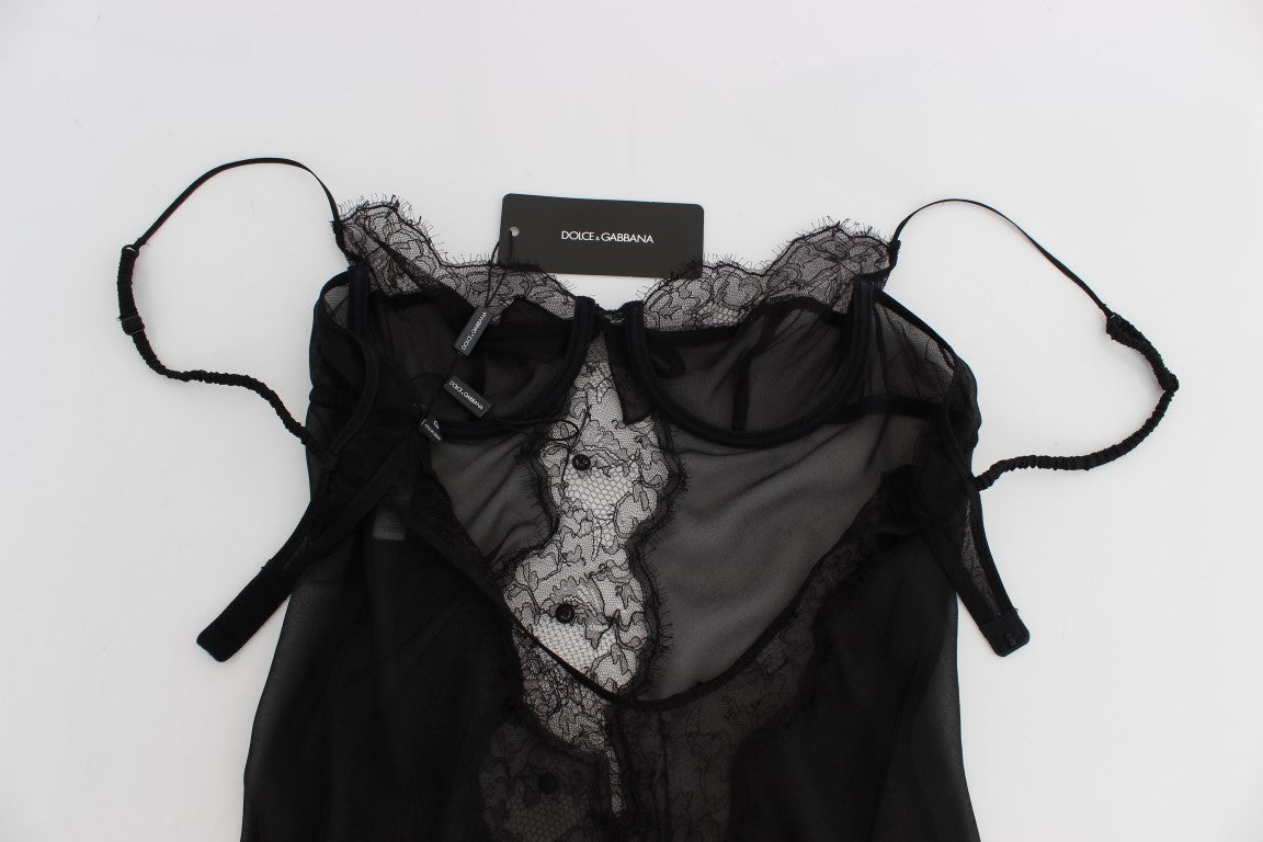 Schwarzes Seiden-Spitzen-Babydoll-Dessous-Oberteil