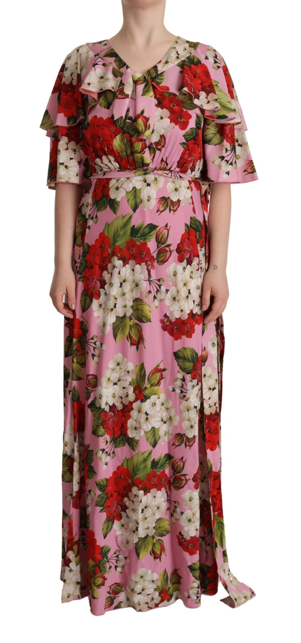 Maxikleid aus Stretch-Seide mit Blumenmuster in Pink