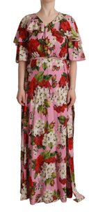 Maxikleid aus Stretch-Seide mit Blumenmuster in Pink