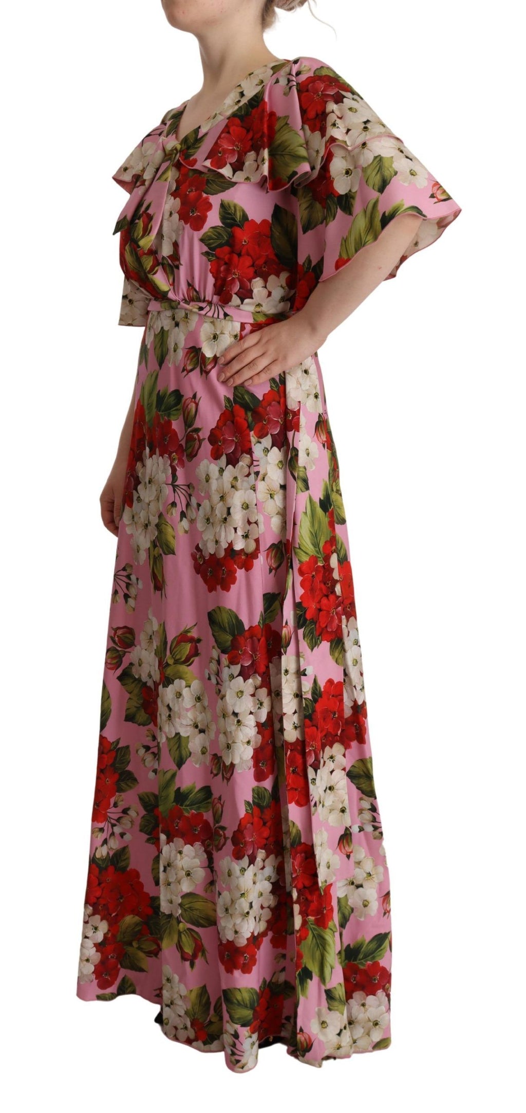 Maxikleid aus Stretch-Seide mit Blumenmuster in Pink