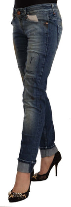 Blue Washed Low Waist Folded Hem Slim Fit Jeans