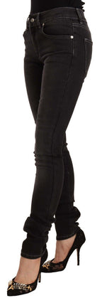 Black Washed Mid Waist Cotton Denim Skinny Jeans