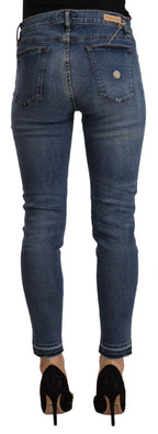 Blue Mid Waist Cotton Denim Slim Fit Cropped Jeans