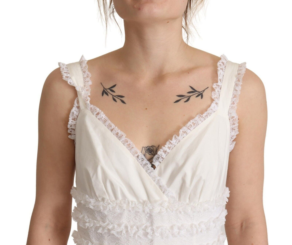 Weißes langes A-Linien-Maxikleid aus Baumwolle mit Stufenrüschen