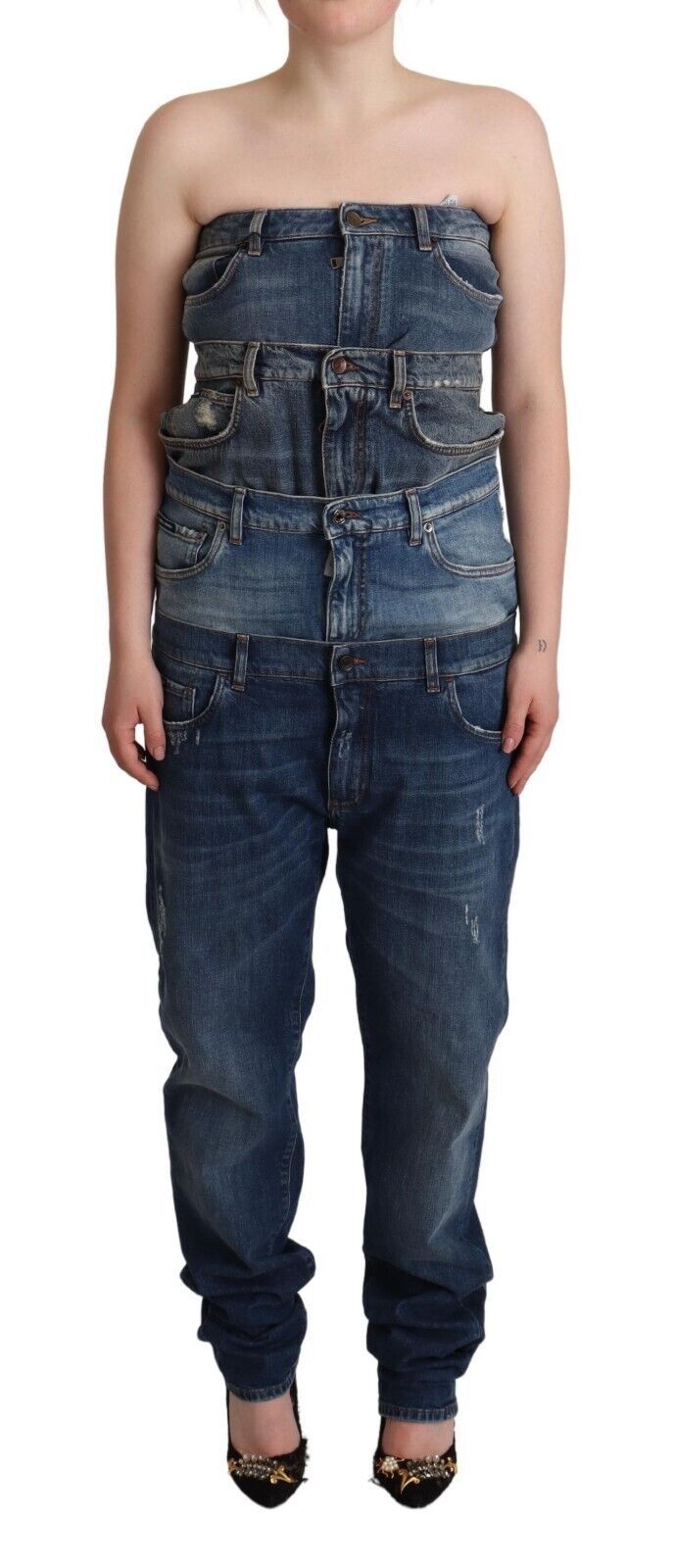 Dunkelblauer trägerloser Denim-Jumpsuit aus Baumwolle