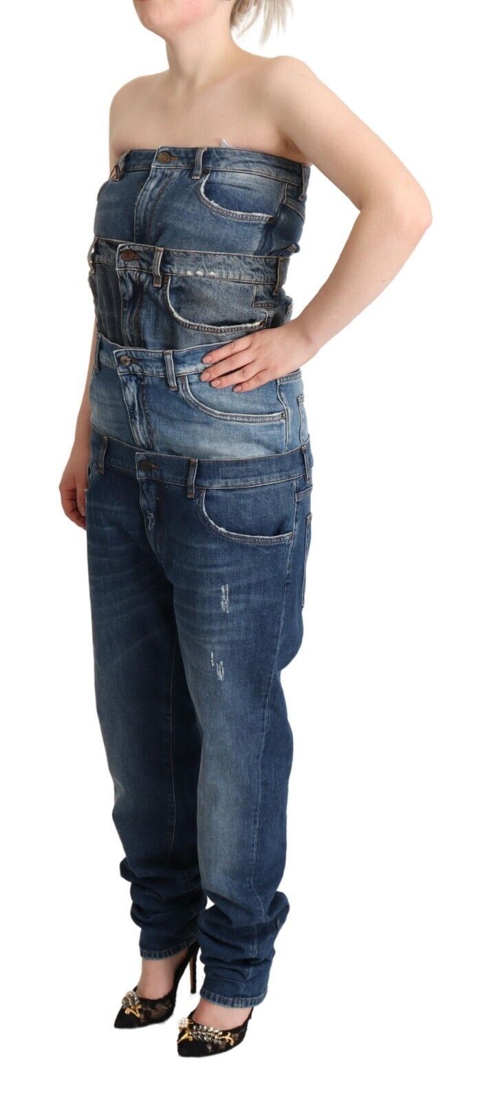 Dunkelblauer trägerloser Denim-Jumpsuit aus Baumwolle