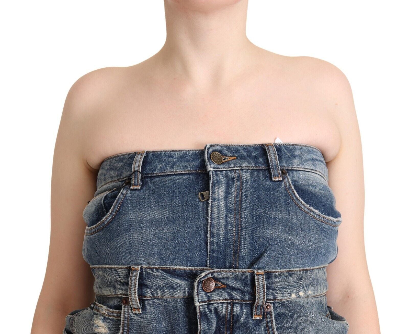 Dunkelblauer trägerloser Denim-Jumpsuit aus Baumwolle