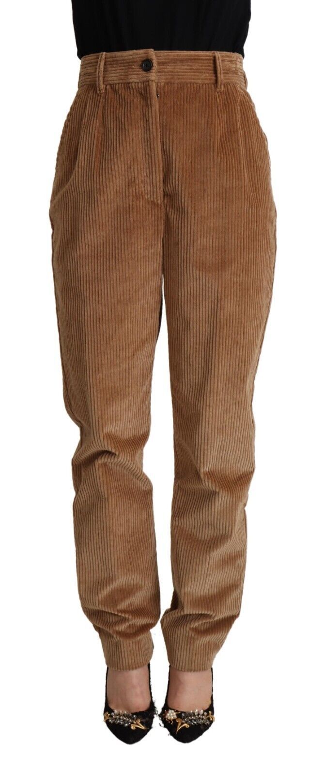Braune High-Waist Skinny Hose aus Baumwoll-Cord