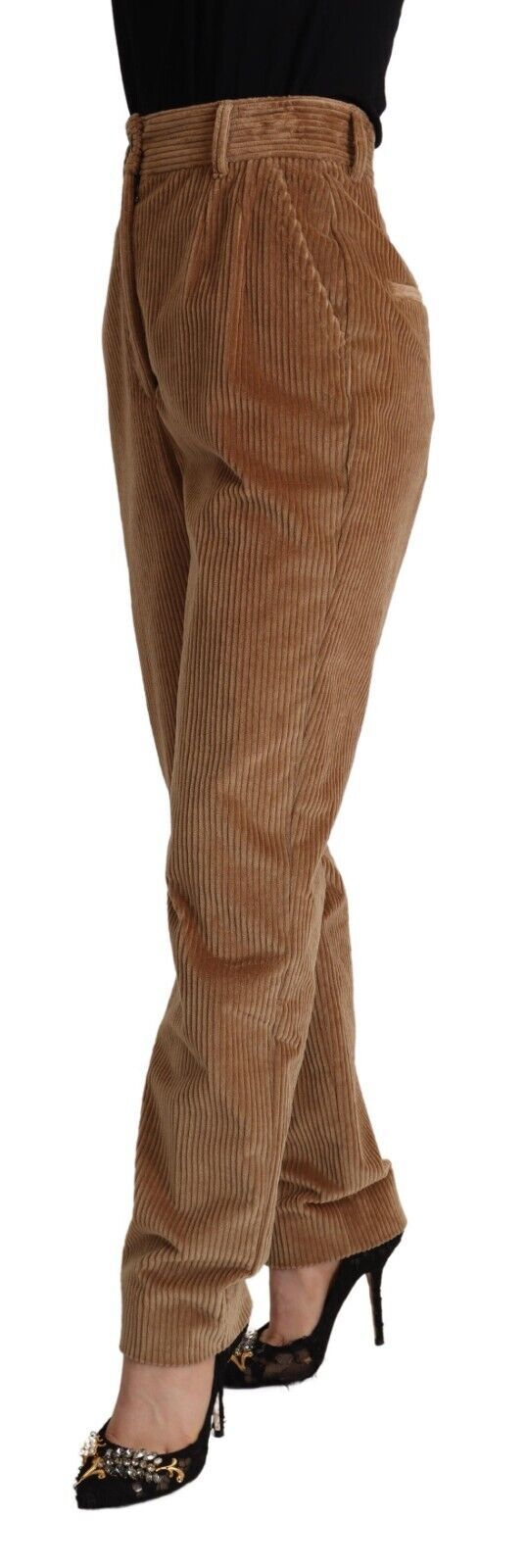 Braune High-Waist Skinny Hose aus Baumwoll-Cord