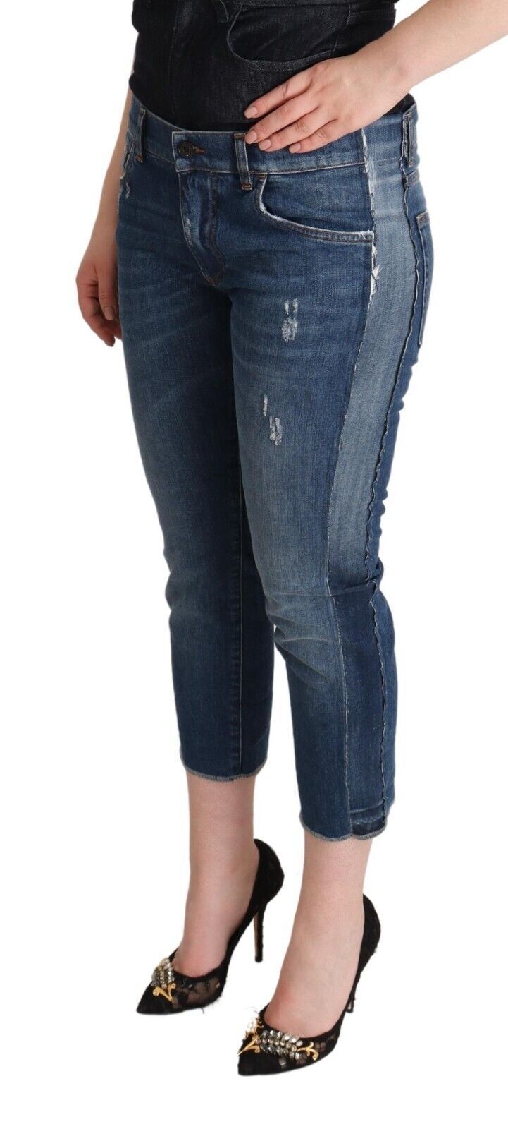 Blue Washed Mid Waist Cropped Jeans aus Denim mit Logo