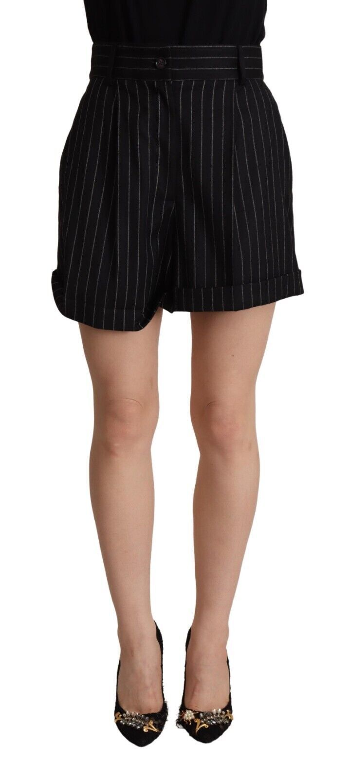 Schwarz gestreifte Wollhose mit hoher Taille und Bermudalänge