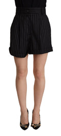 Schwarz gestreifte Wollhose mit hoher Taille und Bermudalänge