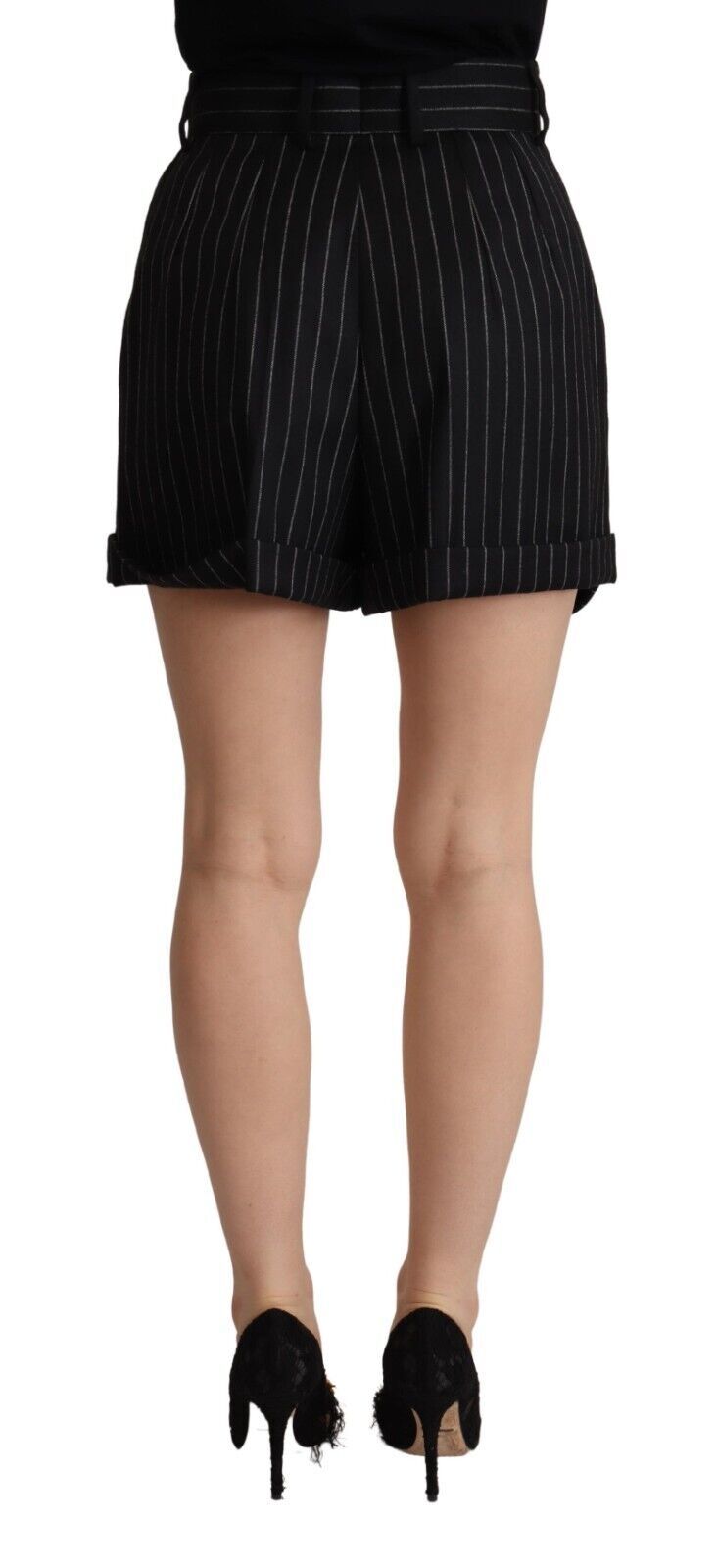 Schwarz gestreifte Wollhose mit hoher Taille und Bermudalänge