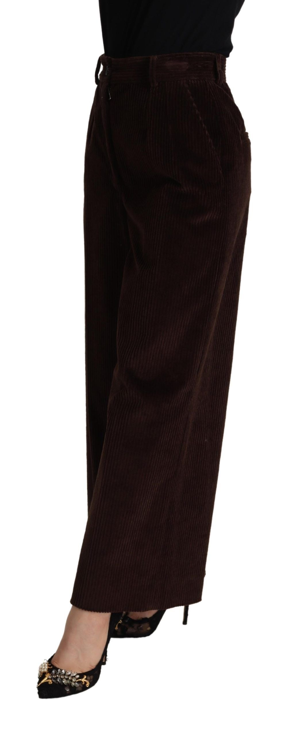 Braune High-Waist Hose mit weitem Bein aus Baumwolle