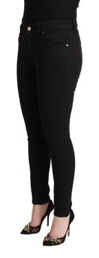 Black Cotton Mid Waist Denim Slim Fit Jeans