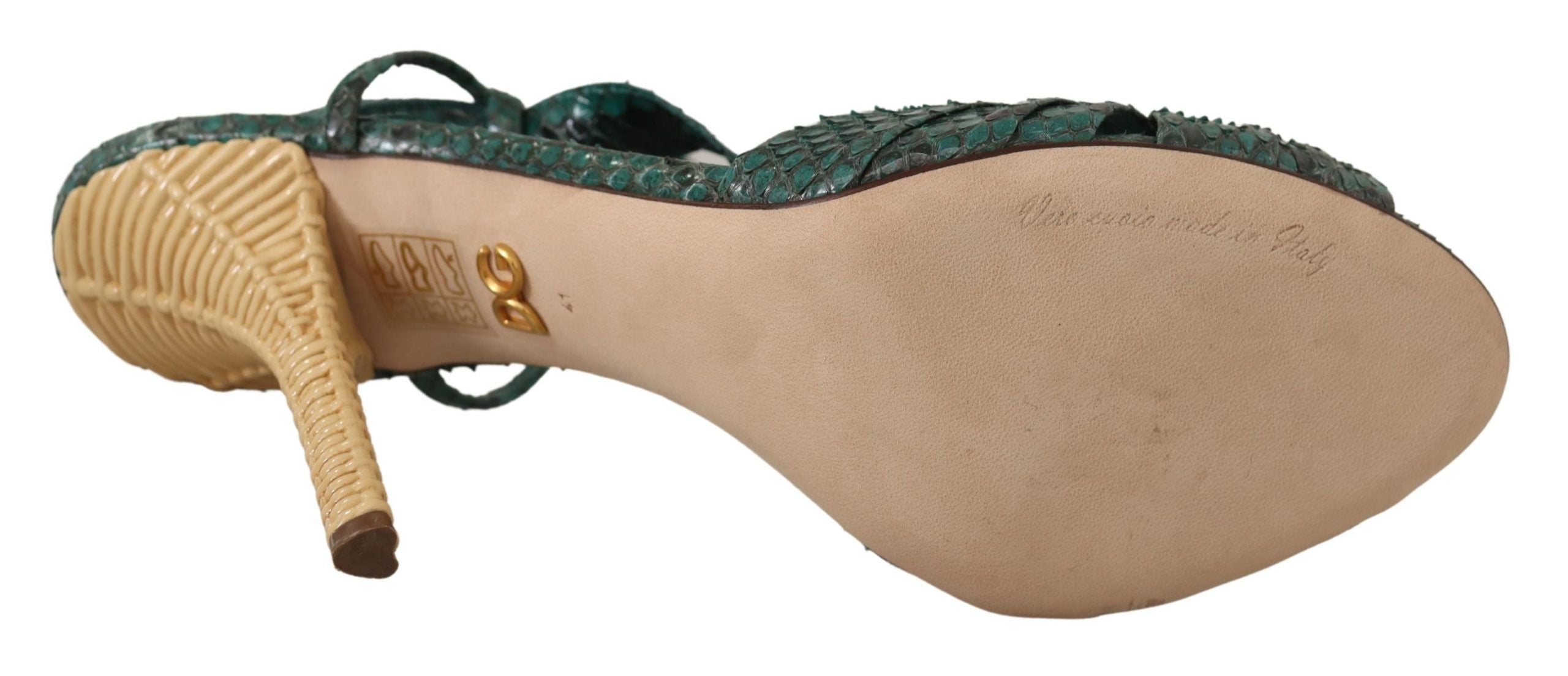 Grüne Python-Riemchensandalen mit Absätzen