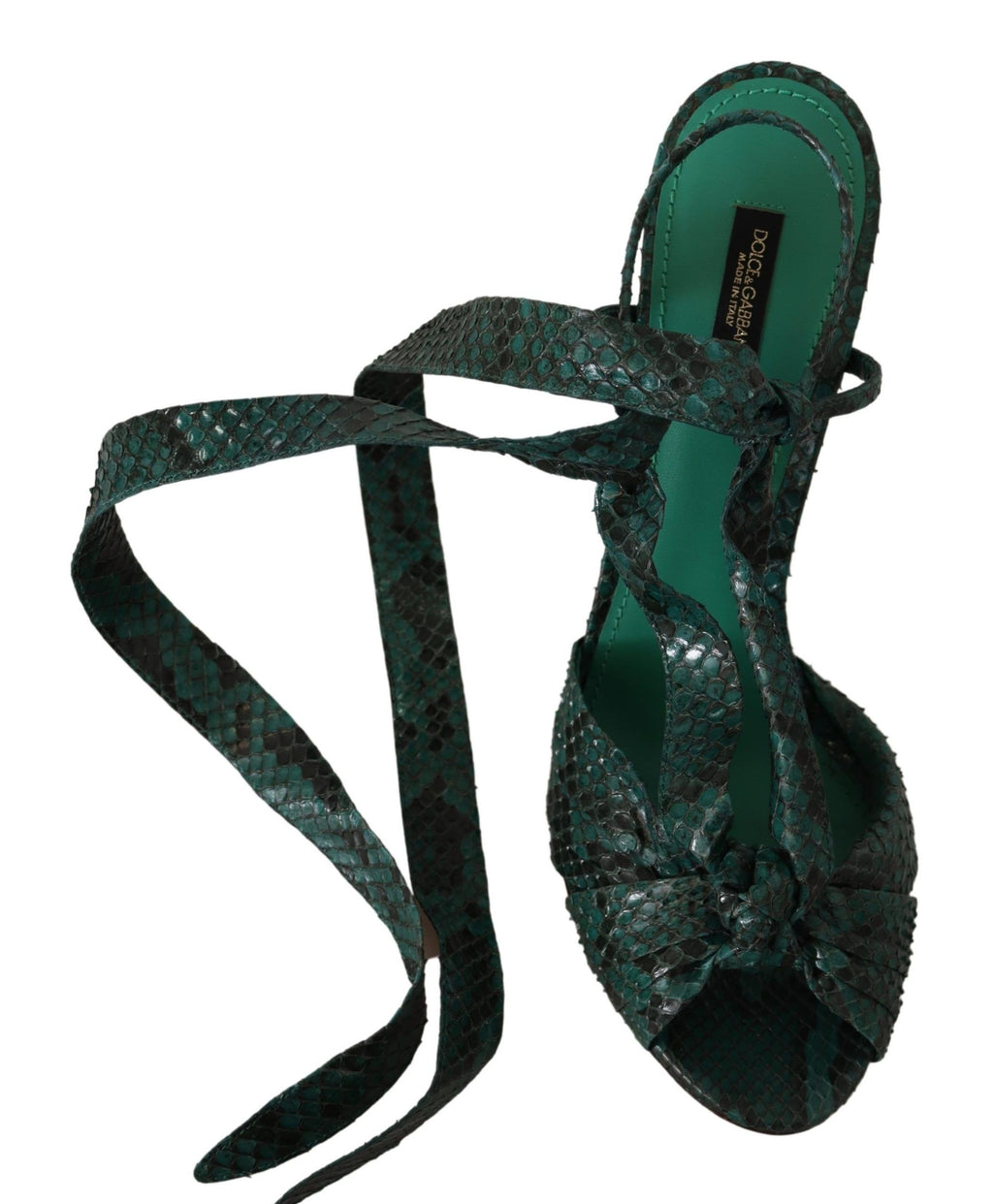 Grüne Python-Riemchensandalen mit Absätzen