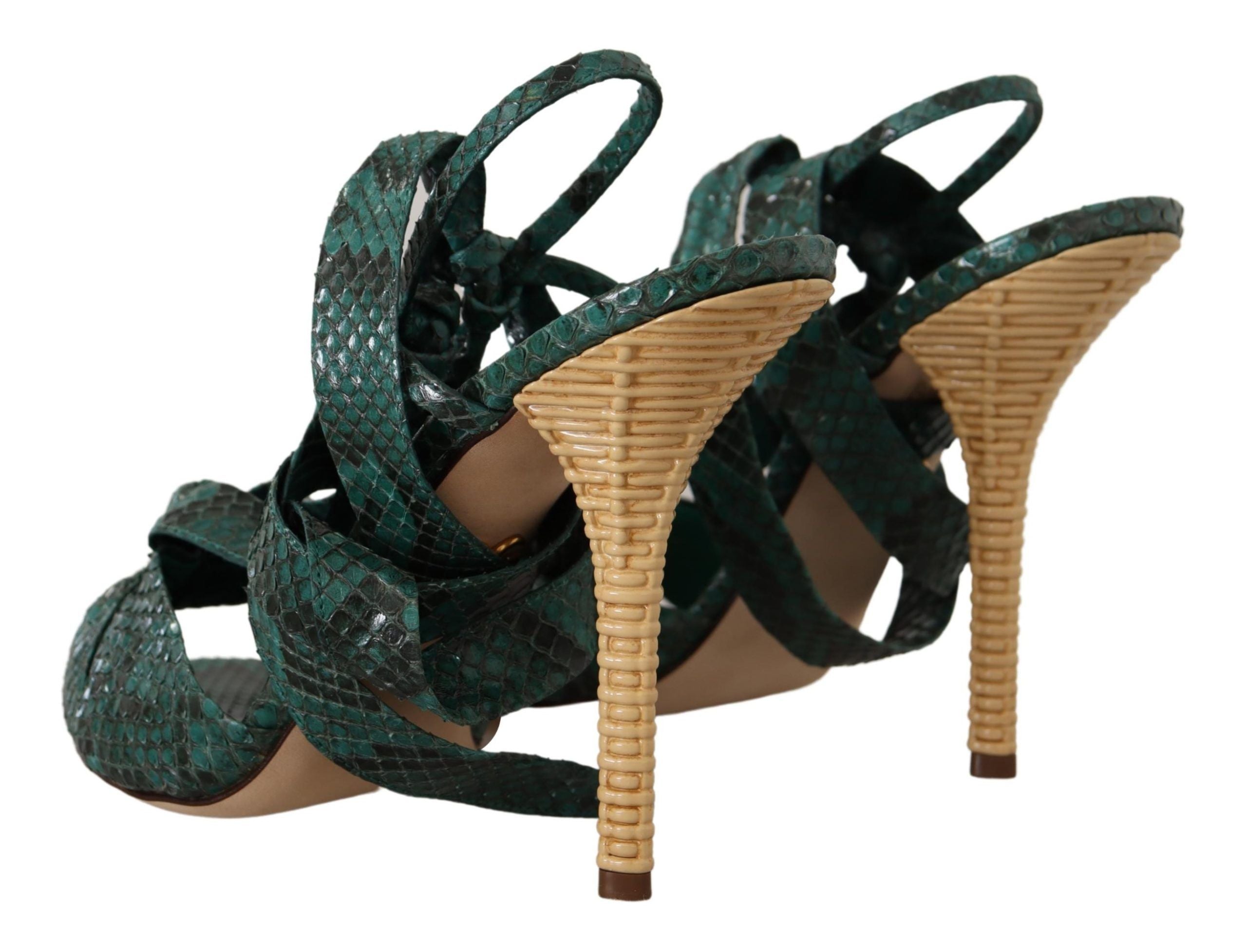 Grüne Python-Riemchensandalen mit Absätzen