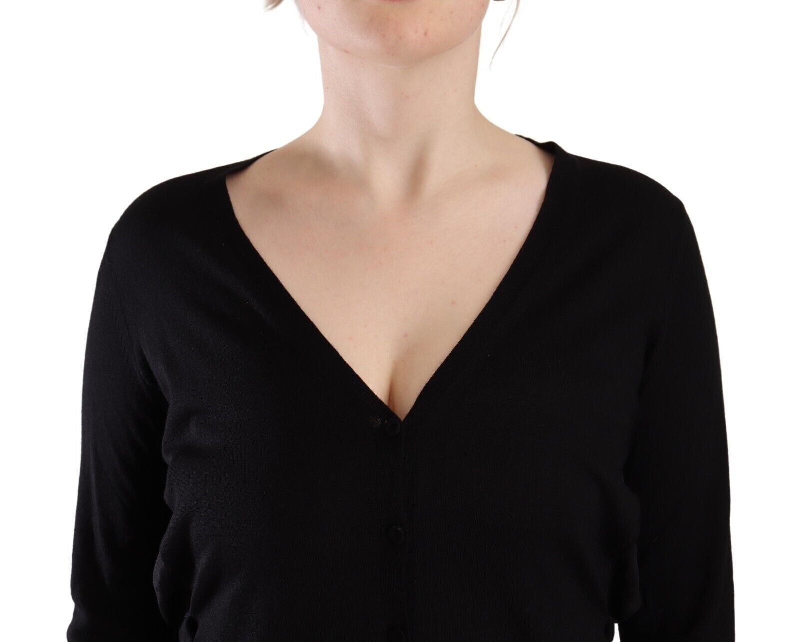 Schwarzer Pullover mit V-Ausschnitt aus Wolle, langen Ärmeln