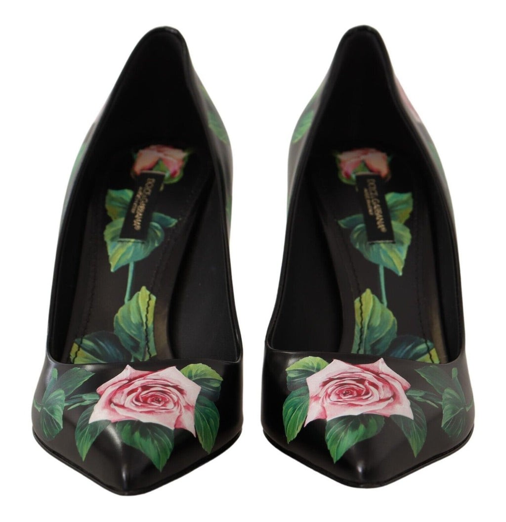 Schwarze Leder-Rosen Pumps Schuhe