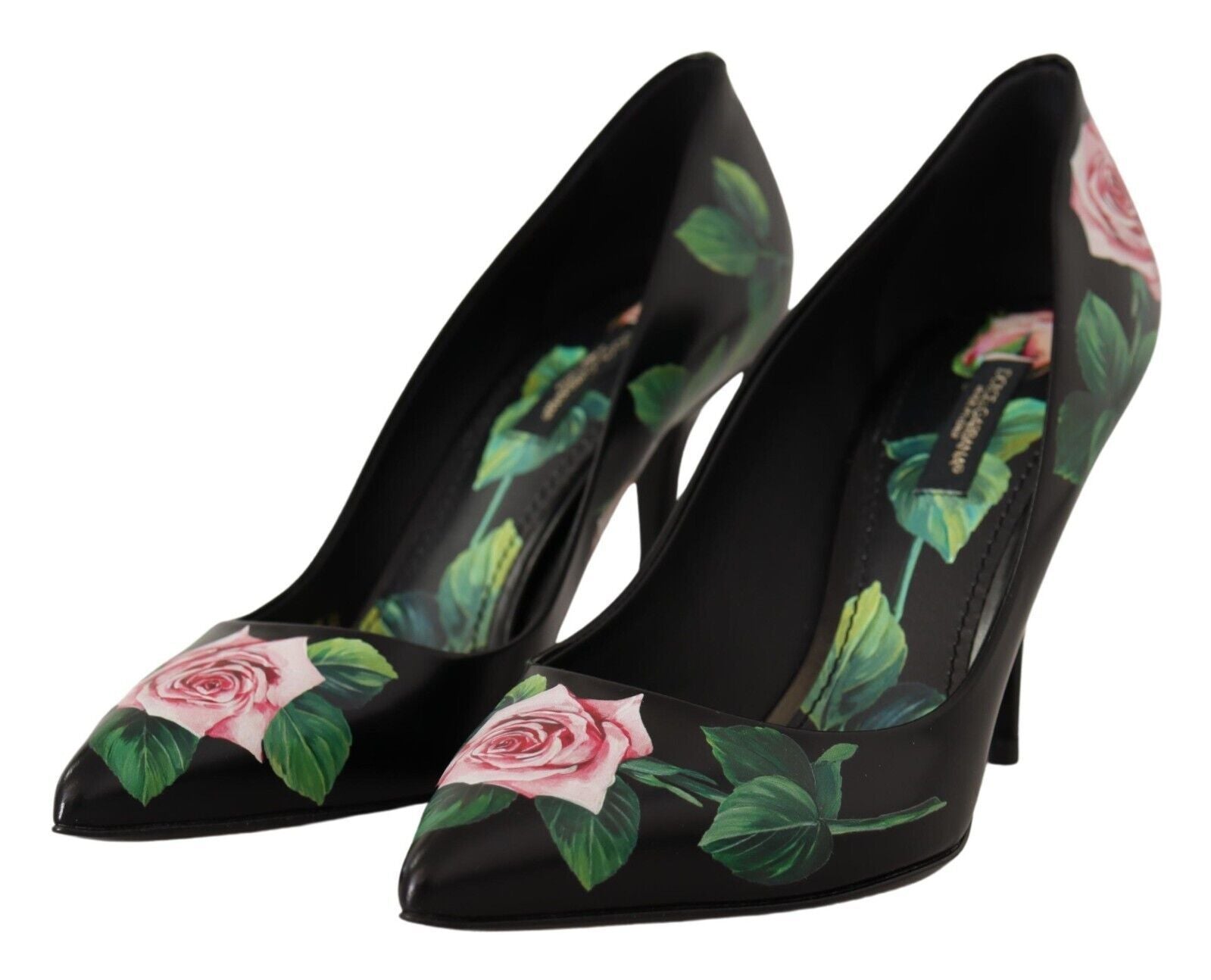 Schwarze Leder-Rosen Pumps Schuhe