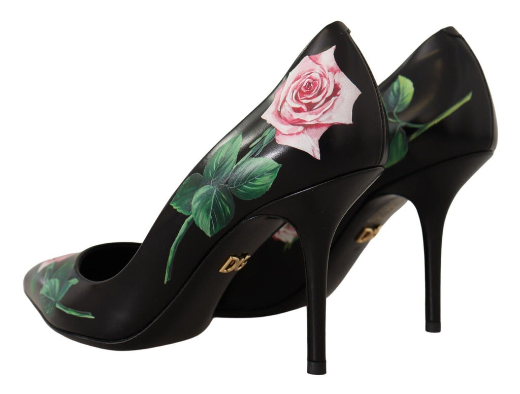 Schwarze Leder-Rosen Pumps Schuhe