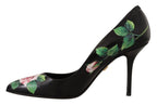 Schwarze Leder-Rosen Pumps Schuhe