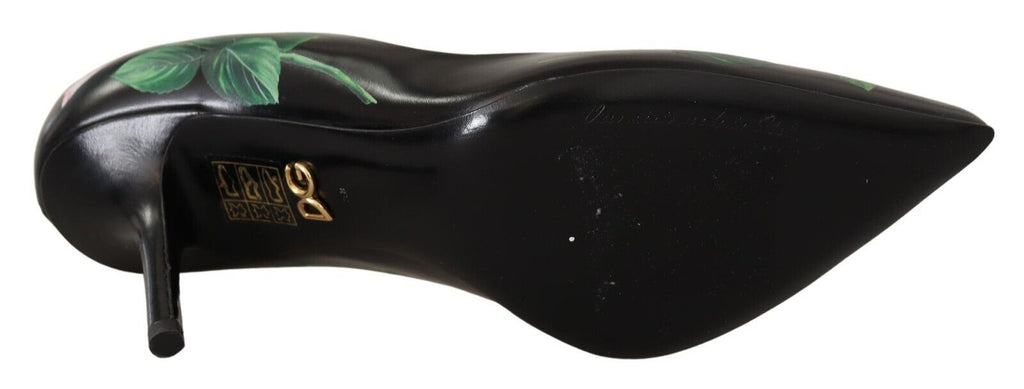 Schwarze Leder-Rosen Pumps Schuhe