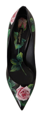 Schwarze Leder-Rosen Pumps Schuhe
