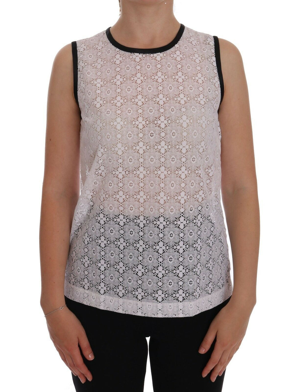 Weißes Tanktop aus Spitze und Nylon mit Blumenmuster