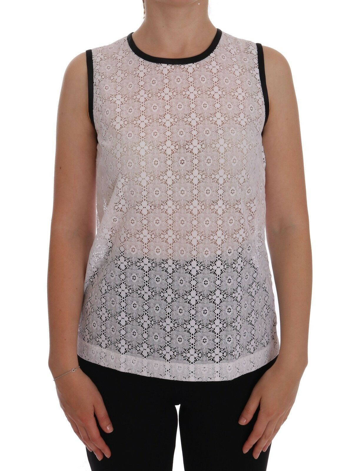 Weißes Tanktop aus Spitze und Nylon mit Blumenmuster