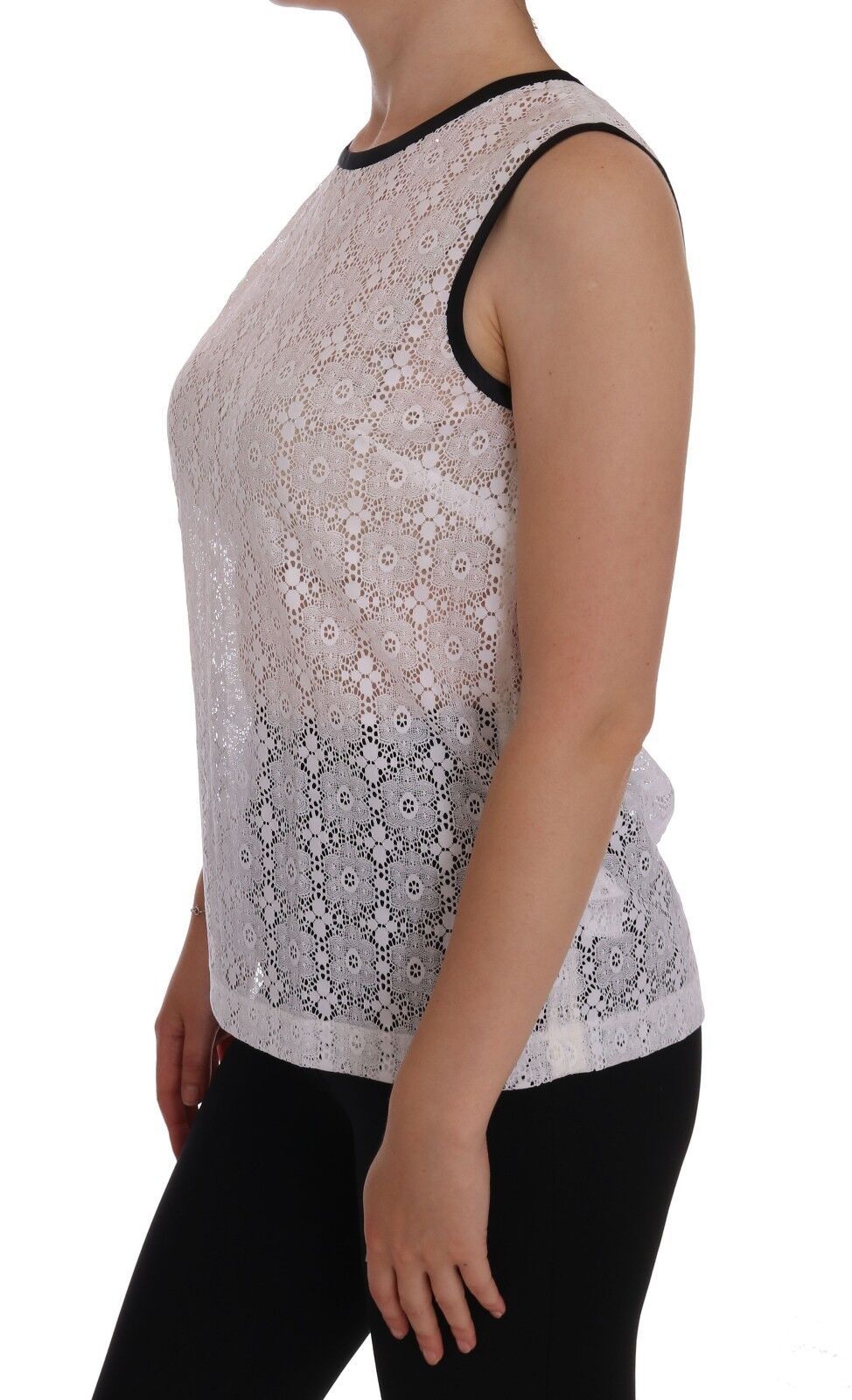Weißes Tanktop aus Spitze und Nylon mit Blumenmuster