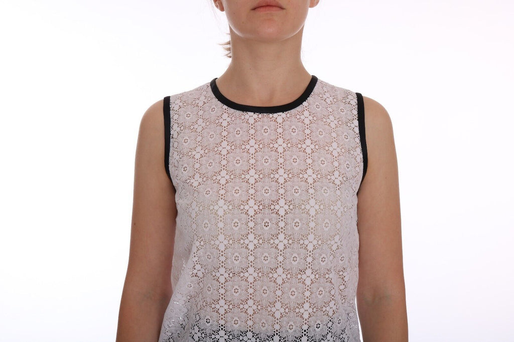 Weißes Tanktop aus Spitze und Nylon mit Blumenmuster