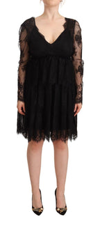 Schwarzes V-Ausschnitt-Shiftkleid aus Baumwolle mit Blumenmuster aus Spitze und langen Ärmeln