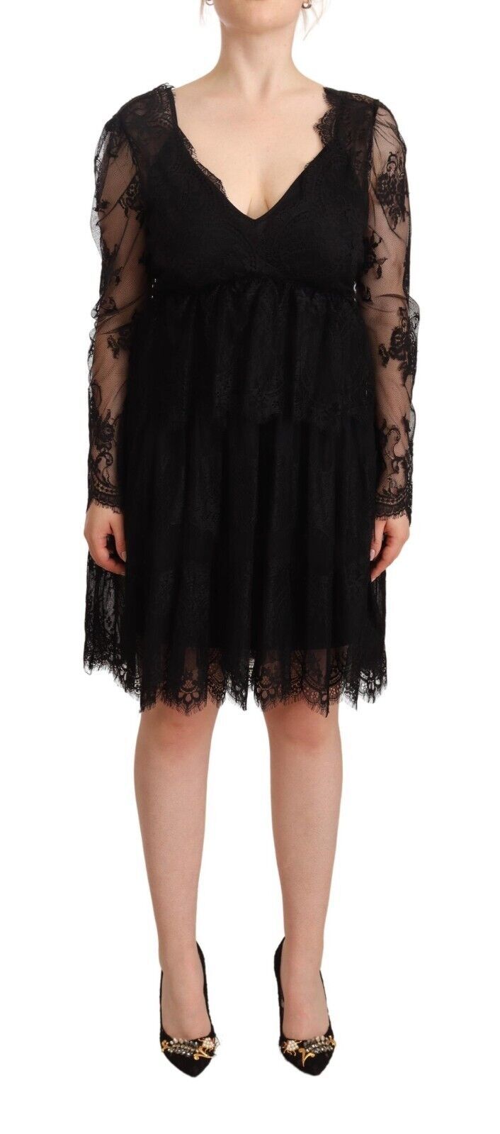 Schwarzes V-Ausschnitt-Shiftkleid aus Baumwolle mit Blumenmuster aus Spitze und langen Ärmeln