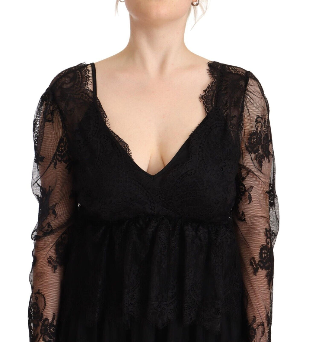 Schwarzes V-Ausschnitt-Shiftkleid aus Baumwolle mit Blumenmuster aus Spitze und langen Ärmeln